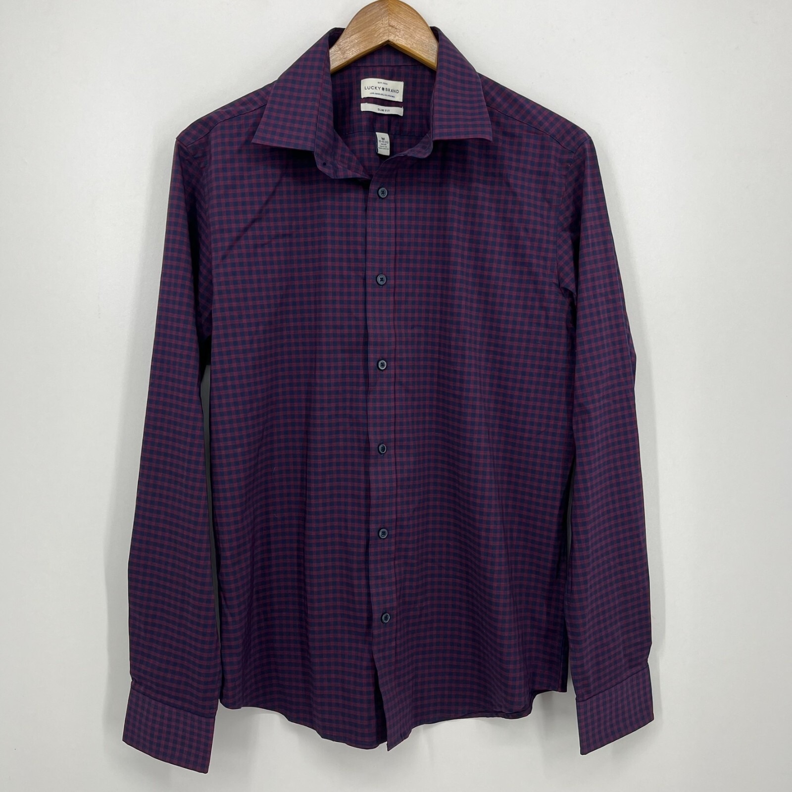 Lucky Brand Long Sleeve Button Shirt Men's M Purple Slim Fit Check Print Cotton